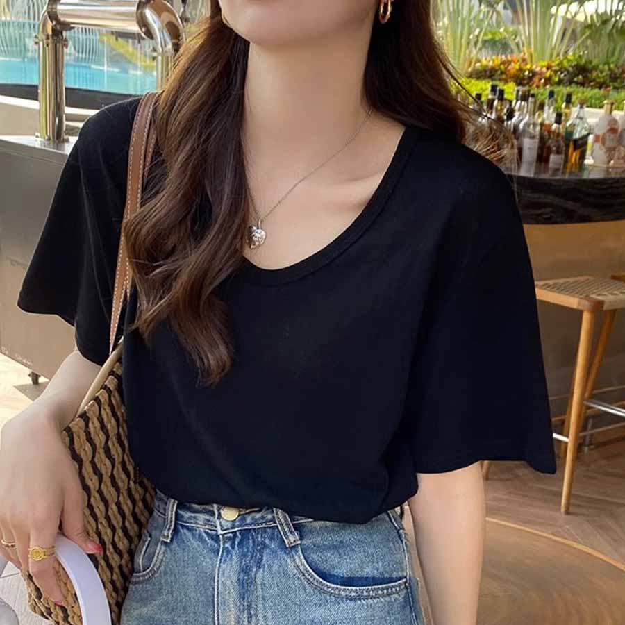 ショッピングゴー shoppinggo Tシャツ カットソー 半袖 レディース トップス プルオーバー ゆたっり Vネックシンプル 無地 おしゃれ 黒 ブラック ホワイト