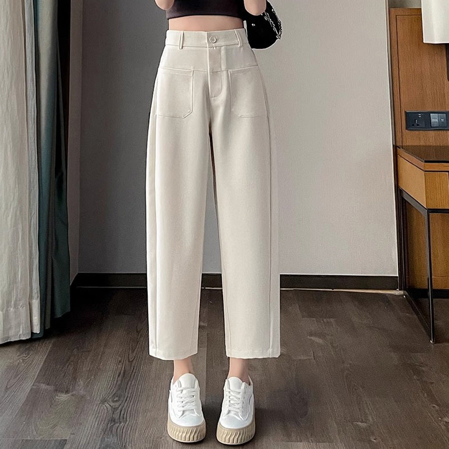 ショッピングゴー shoppinggo テーパードパンツ アンクル丈 細型 リラックスパンツ カジュアルパンツ 無地 ゆるい 体型カバー ウエストゴム ロングパンツ,アイボリー