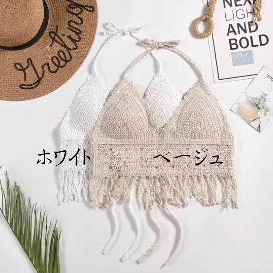 Shopping Go Shoppinggo 吊帶背心加厚女式上衣無袖掛脖無袖鏤空胸罩蕾絲針織流蘇