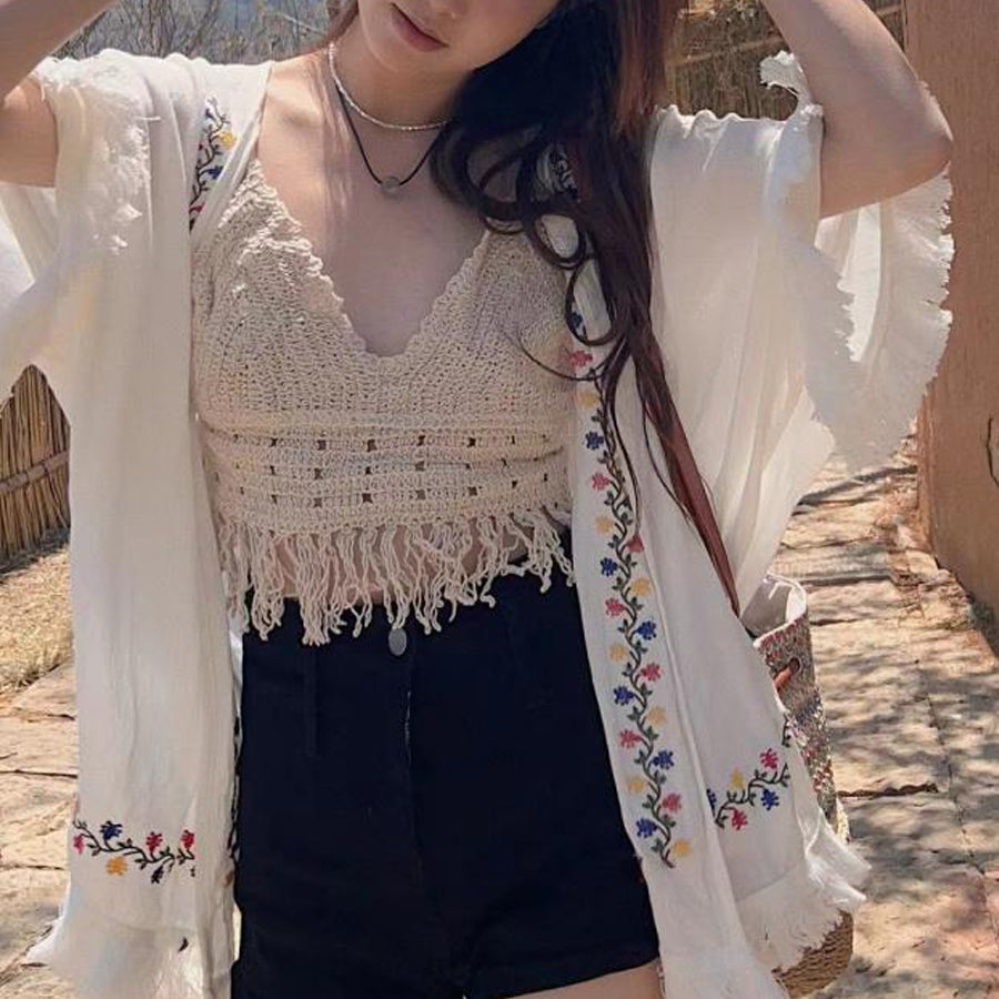 Shopping Go Shoppinggo 吊帶背心加厚女式上衣無袖掛脖無袖鏤空胸罩蕾絲針織流蘇