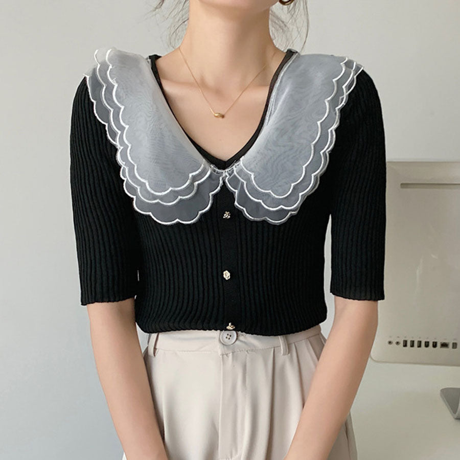 ショッピングゴー shoppinggo 夏服 サマーニット 半袖  レディース 夏ニット 薄い vネック カットソー デイリー レトロ  透け感ニット アウター 無地 上品 ブラック 黒 ホワイト 秋 夏