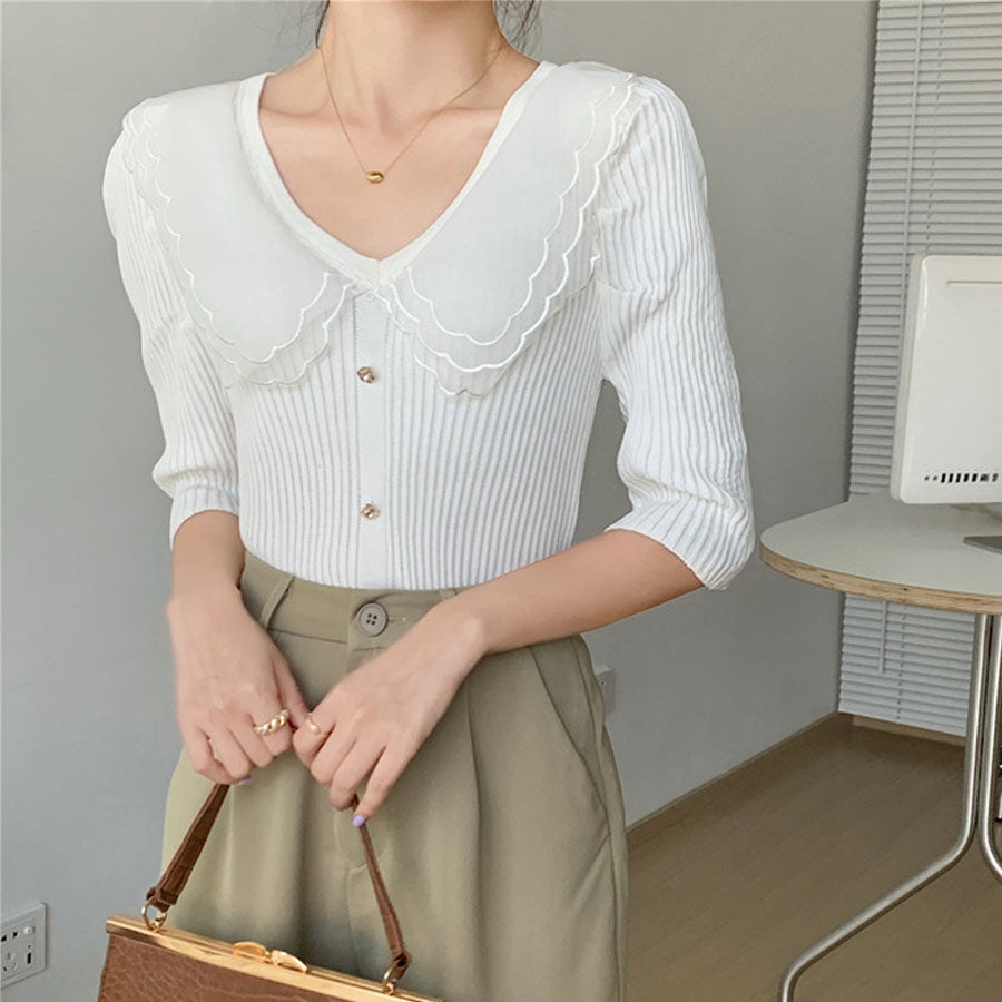 ショッピングゴー shoppinggo 夏服 サマーニット 半袖  レディース 夏ニット 薄い vネック カットソー デイリー レトロ  透け感ニット アウター 無地 上品 ブラック 黒 ホワイト 秋 夏