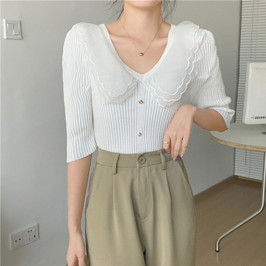 ショッピングゴー shoppinggo 夏服 サマーニット 半袖  レディース 夏ニット 薄い vネック カットソー デイリー レトロ  透け感ニット アウター 無地 上品 ブラック 黒 ホワイト 秋 夏