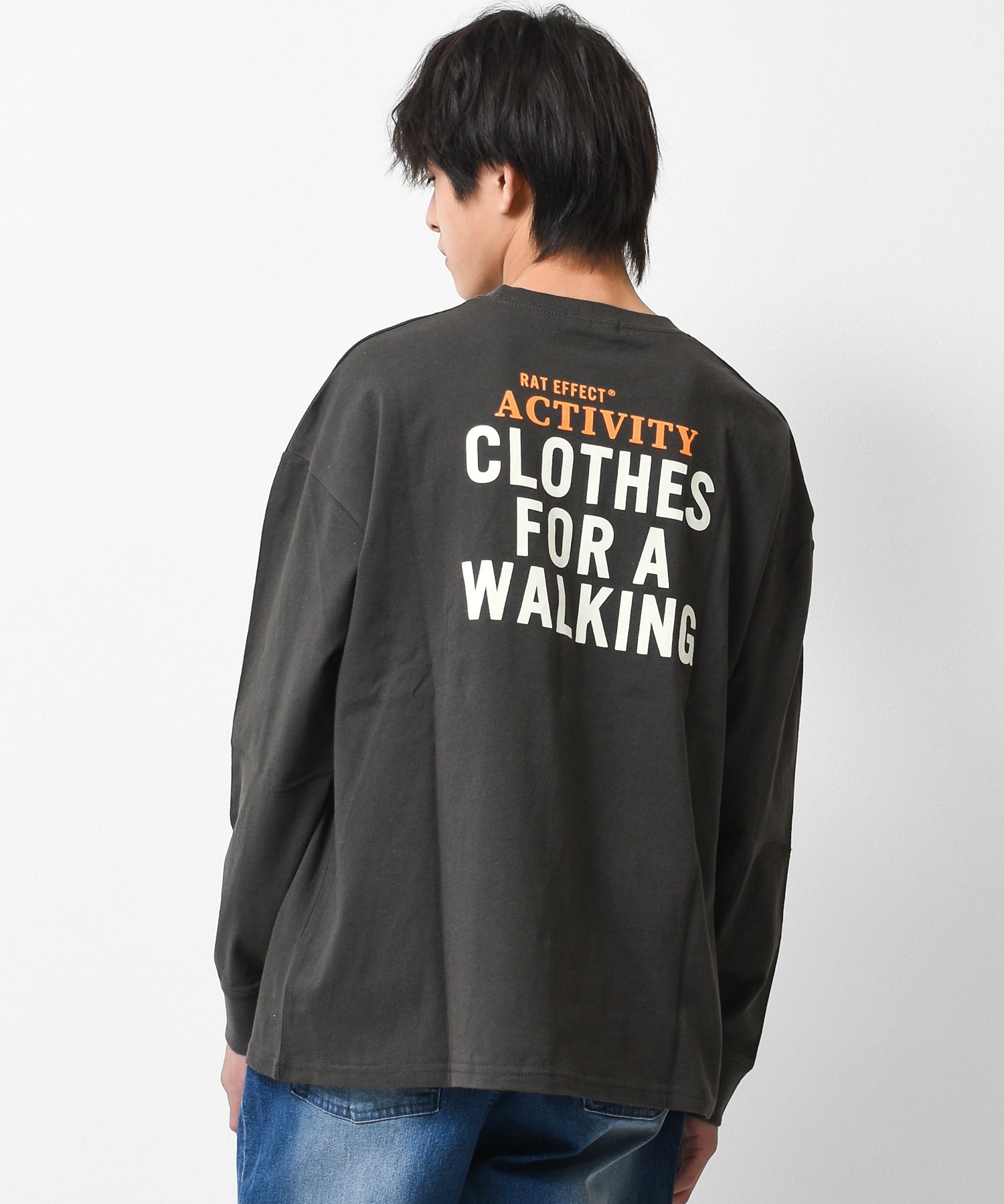 ラット エフェクト RAT EFFECT ポケット付バックプリント袖リブロングTシャツ,チャコール