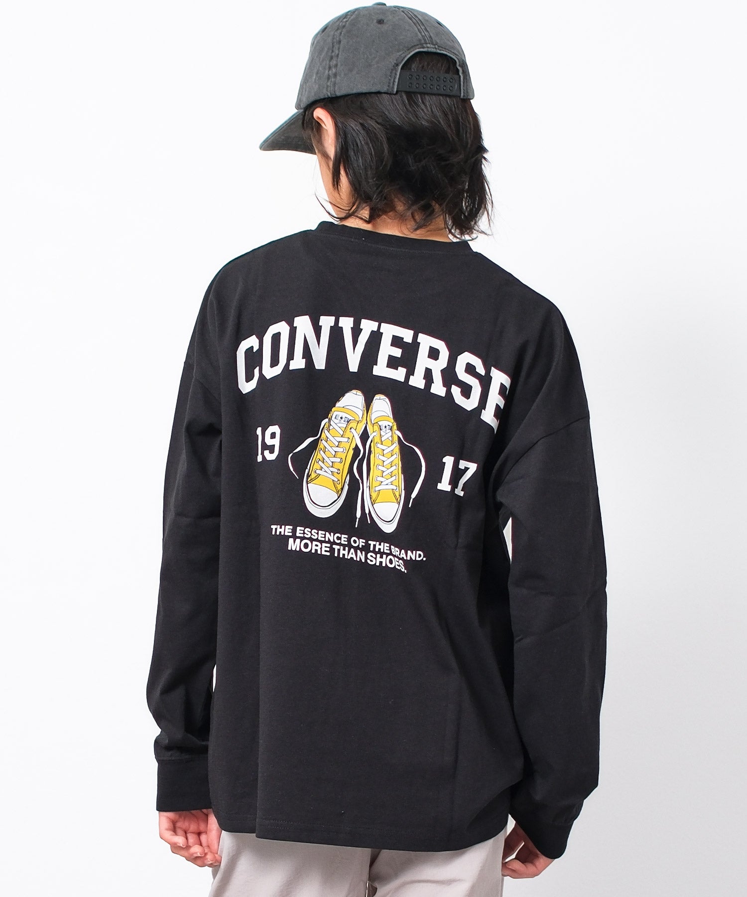 ラット エフェクト RAT EFFECT CONVERSE 別注スニーカーロゴプリントロングTシャツ （ブラック） ブラック