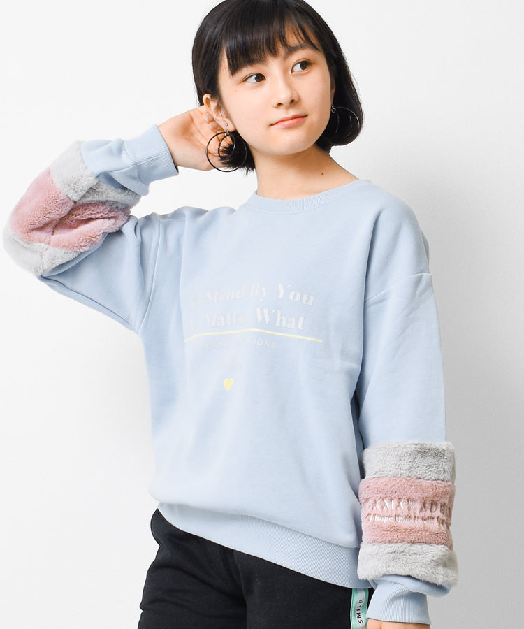 リコ シュクレ RiCO SUCRE 裏起毛袖ファー切り替えトレーナー,サックス