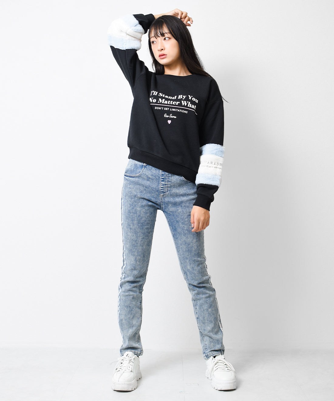 リコ シュクレ RiCO SUCRE 裏起毛袖ファー切り替えトレーナー