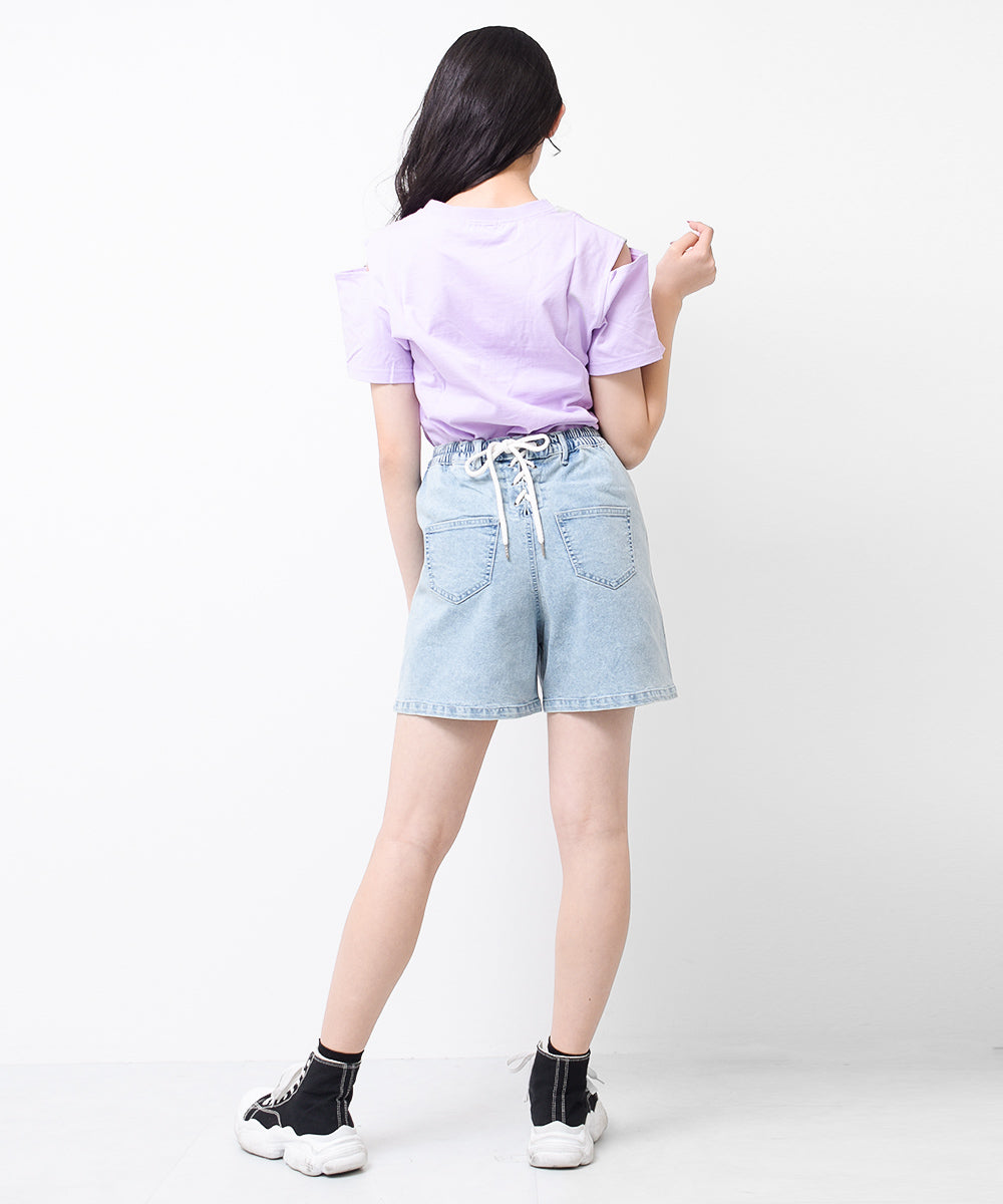 リコ シュクレ RiCO SUCRE バックレースアップデニムショートパンツ
