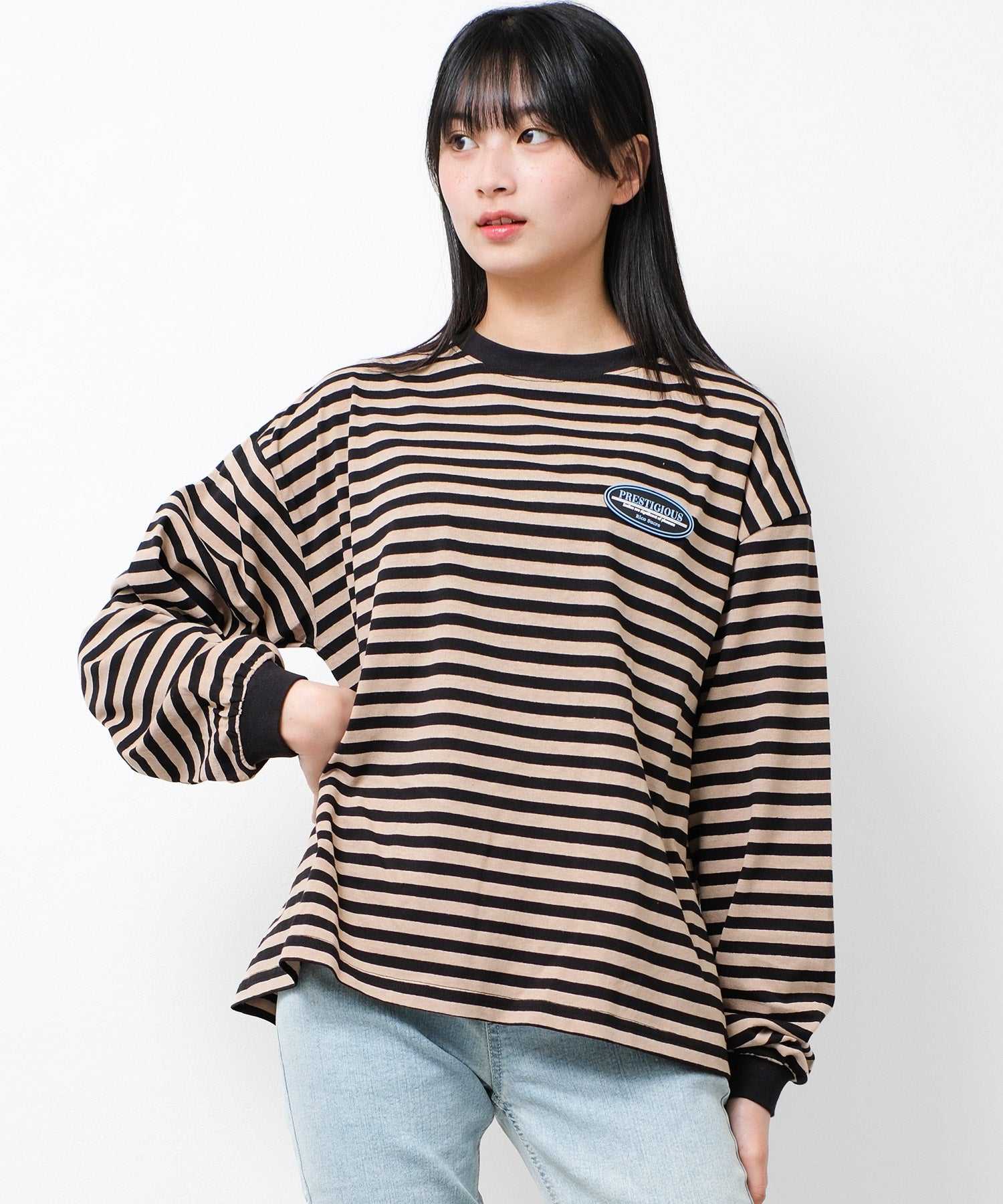 リコ シュクレ RiCO SUCRE 袖リブボーダーロングTシャツ,ベージュ