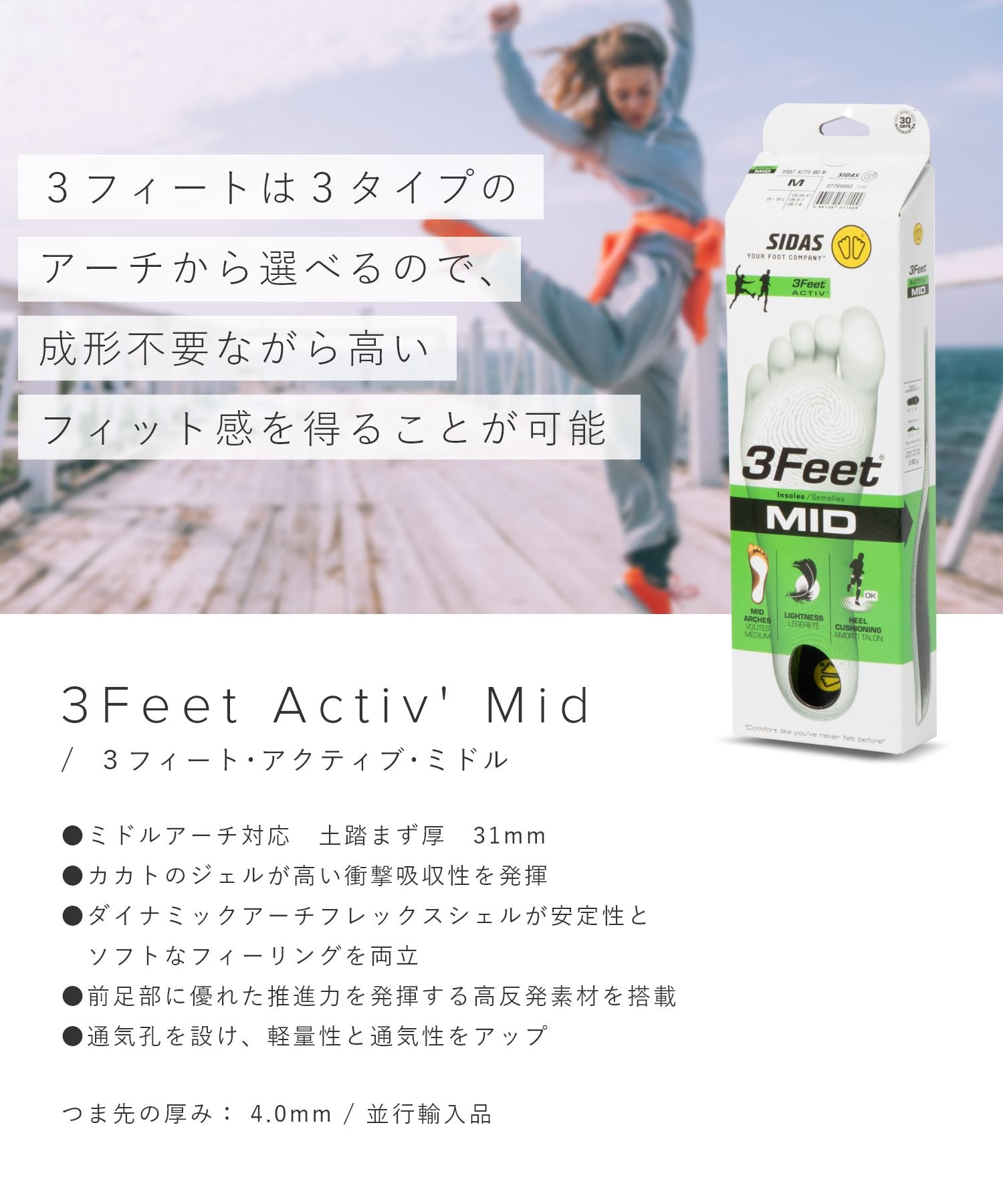 シダス SIDAS シダス SIDAS 3FEET ACTIV' MID インソール メンズ レディース シューズ 3フィート アクティブ ミッド ミドル 立体形状 中敷き 衝撃吸【返品不可商品】 （グリーンマルチ） グリーンマルチ