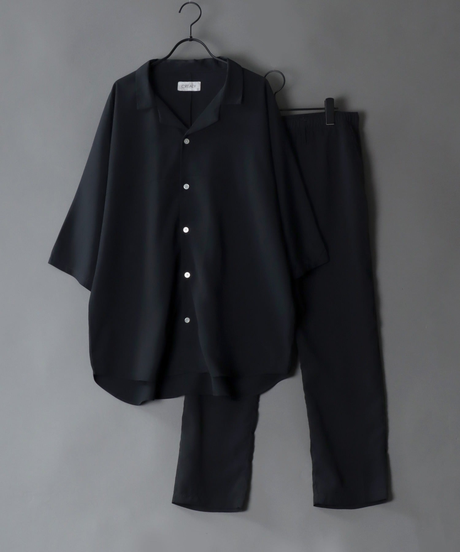 シトリー SITRY 【SITRY】オープンカラー ドルマンスリーブ シャツ＆テーパードパンツ セットアップ メンズ 半袖 シャツ 上下セット,ブラック