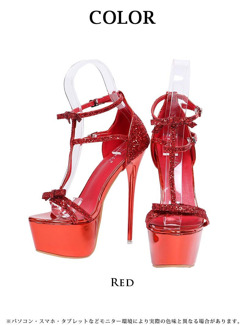 Ryuyu Red Sequin Sandals Sparkling Heel