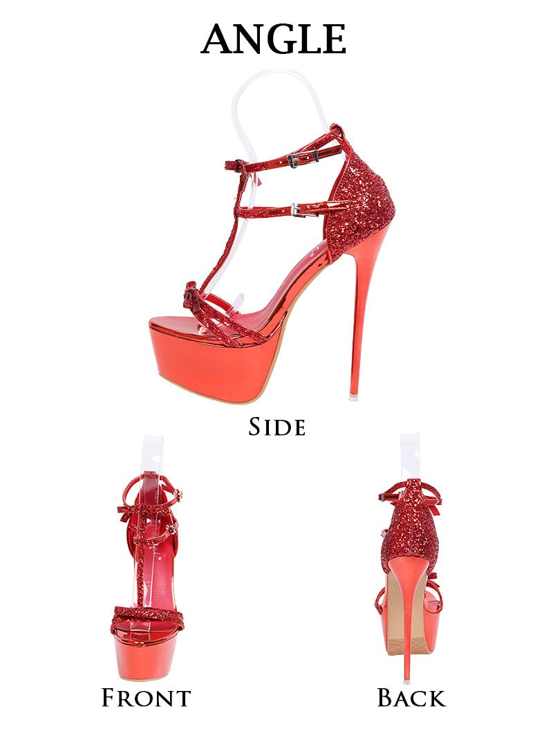 Ryuyu Red Sequin Sandals Sparkling Heel