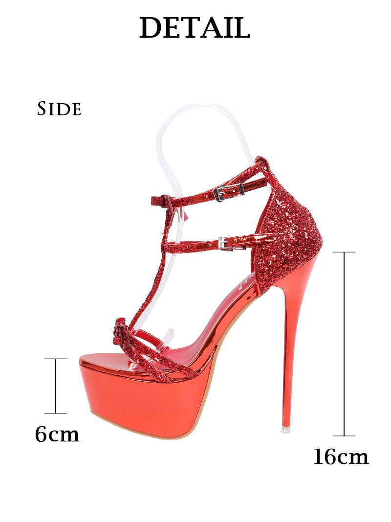 Ryuyu Red Sequin Sandals Sparkling Heel