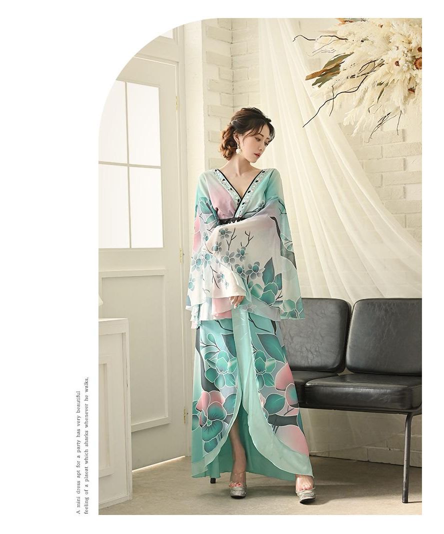 Cabaret Dress, Japanese Pattern, Long Dress, Kimono Dress, Cabaret Club, Green, Oiran Dress, Halloween, Luxurious, Sexy, Costume, Floral, Flowing