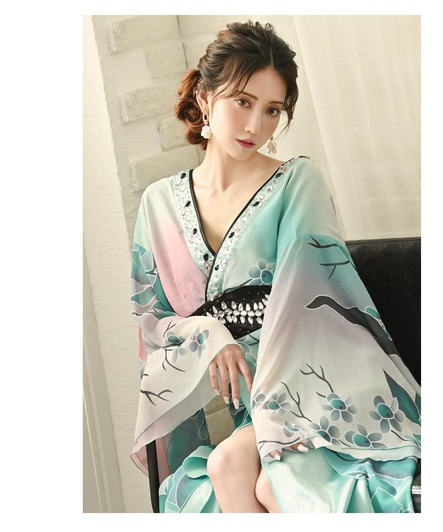 Cabaret Dress, Japanese Pattern, Long Dress, Kimono Dress, Cabaret Club, Green, Oiran Dress, Halloween, Luxurious, Sexy, Costume, Floral, Flowing