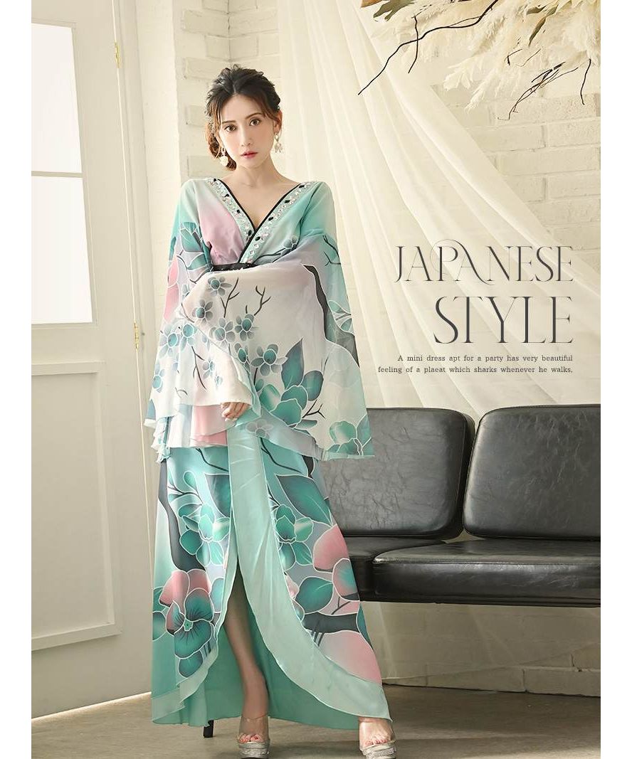 Cabaret Dress, Japanese Pattern, Long Dress, Kimono Dress, Cabaret Club, Green, Oiran Dress, Halloween, Luxurious, Sexy, Costume, Floral, Flowing