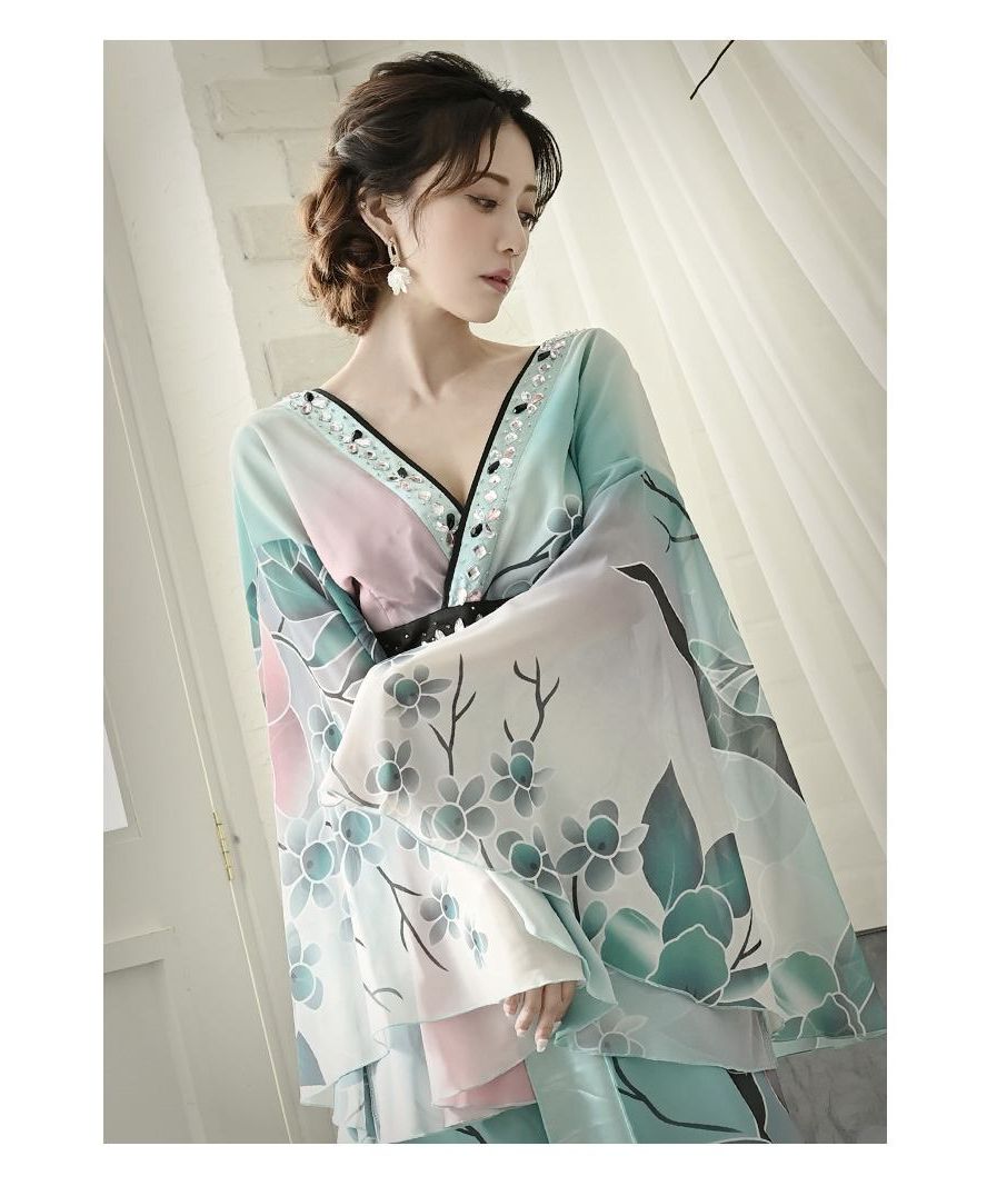 Cabaret Dress, Japanese Pattern, Long Dress, Kimono Dress, Cabaret Club, Green, Oiran Dress, Halloween, Luxurious, Sexy, Costume, Floral, Flowing