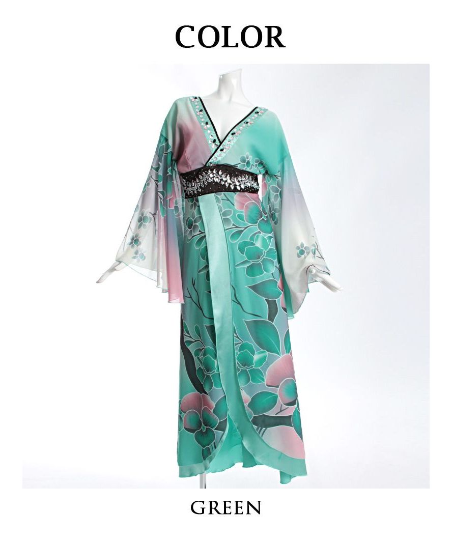 Cabaret Dress, Japanese Pattern, Long Dress, Kimono Dress, Cabaret Club, Green, Oiran Dress, Halloween, Luxurious, Sexy, Costume, Floral, Flowing