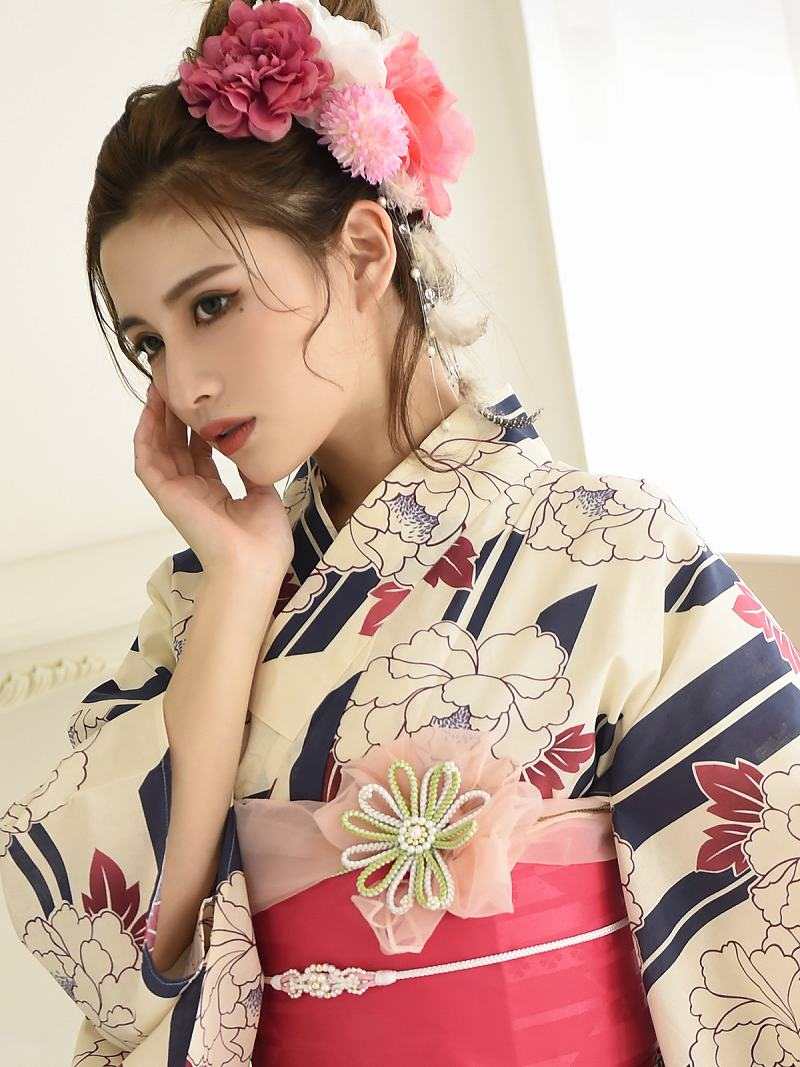 浴衣 セパレート浴衣 牡丹柄 白 二部式ゆかた 簡単 レトロモダン かわいい ゆかた 巻きスカート風 作り帯 Ryuyu アイボリー