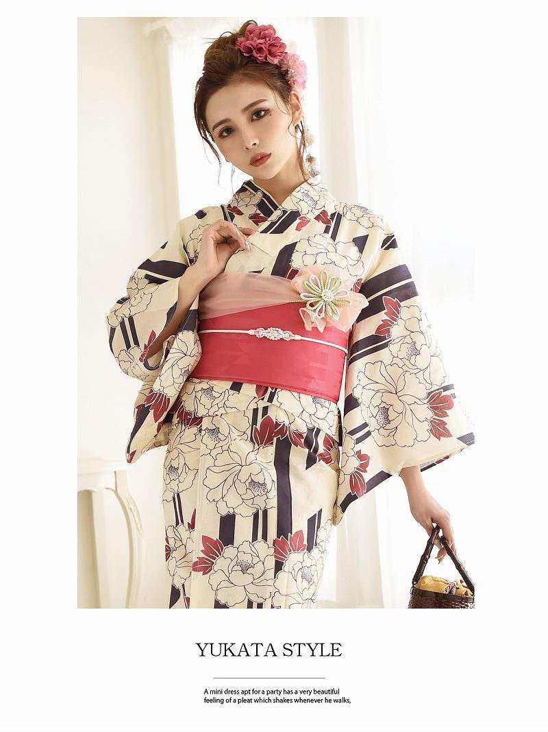 浴衣 セパレート浴衣 牡丹柄 白 二部式ゆかた 簡単 レトロモダン かわいい ゆかた 巻きスカート風 作り帯 Ryuyu アイボリー