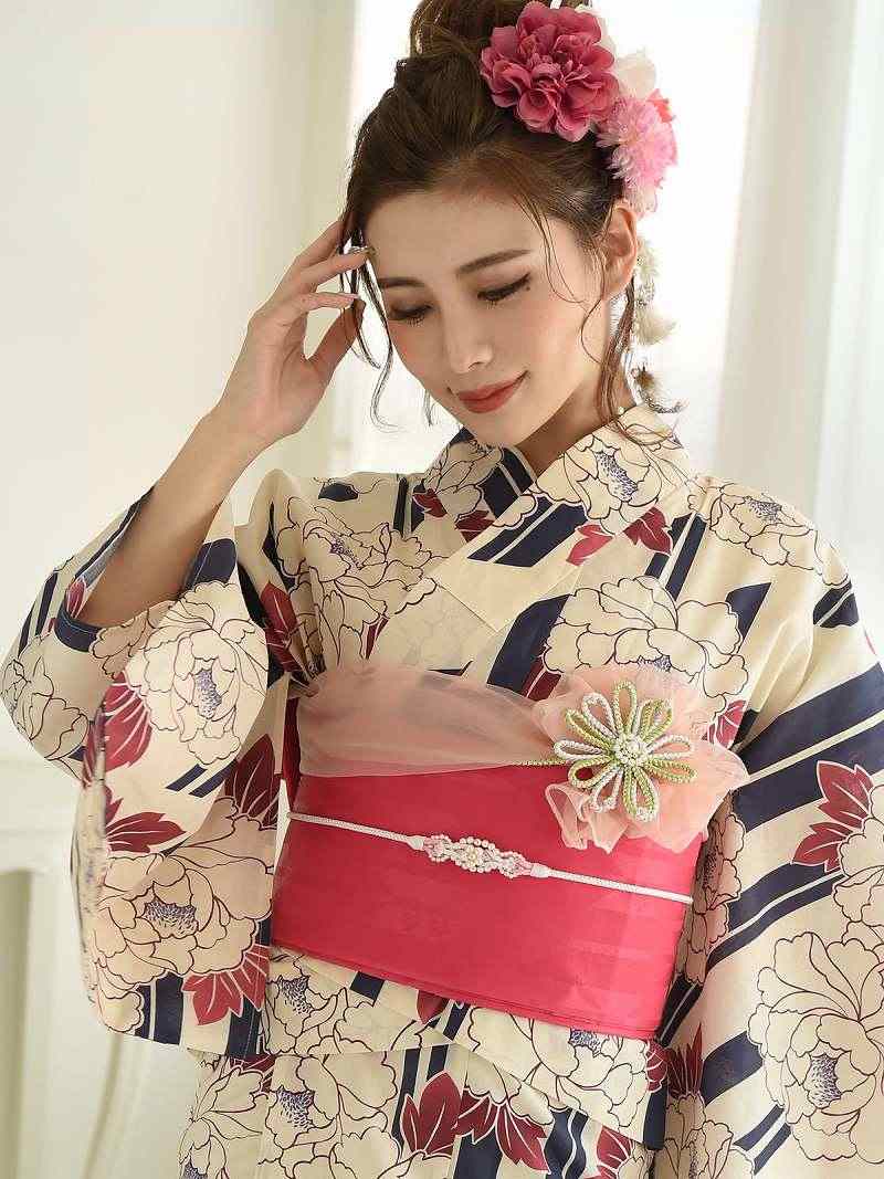 浴衣 セパレート浴衣 牡丹柄 白 二部式ゆかた 簡単 レトロモダン かわいい ゆかた 巻きスカート風 作り帯 Ryuyu アイボリー