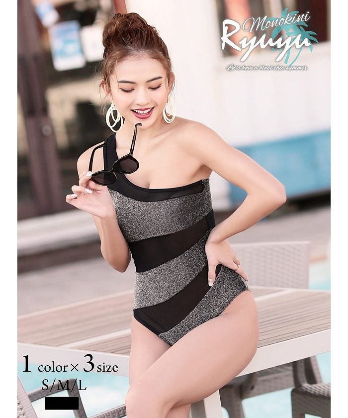 Rew-You One-Shoulder Glitter Swimsuit Mesh Sparkling 【Non-Returnable Item】