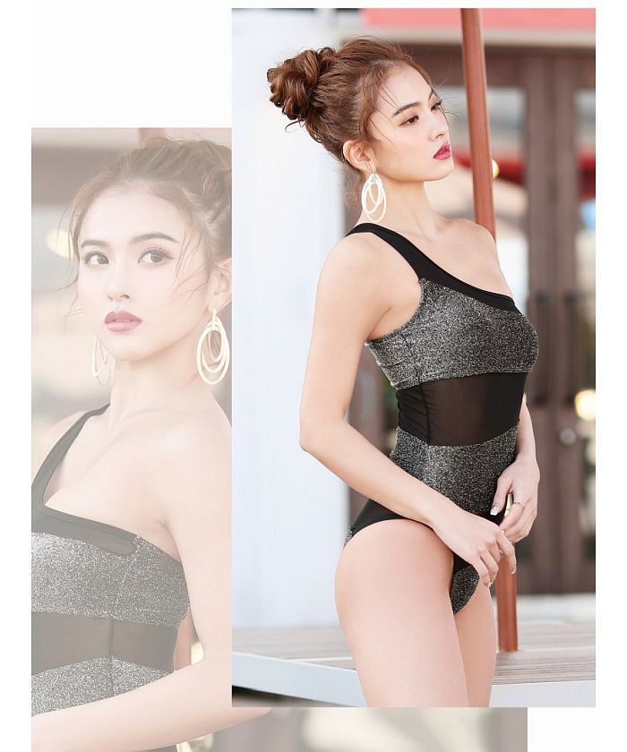 Rew-You One-Shoulder Glitter Swimsuit Mesh Sparkling 【Non-Returnable Item】