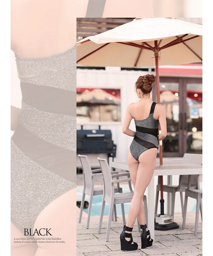 Rew-You One-Shoulder Glitter Swimsuit Mesh Sparkling 【Non-Returnable Item】
