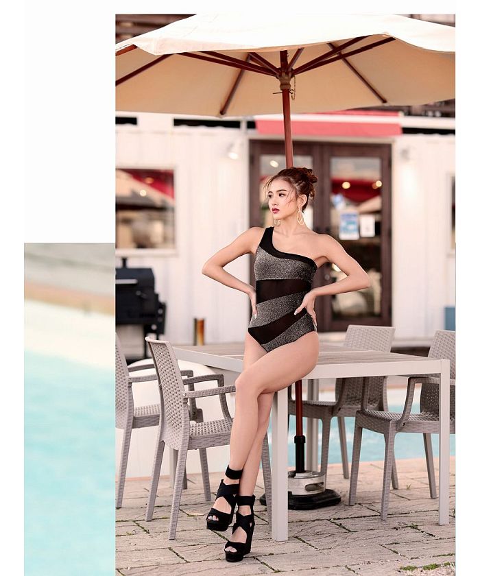 Rew-You One-Shoulder Glitter Swimsuit Mesh Sparkling 【Non-Returnable Item】
