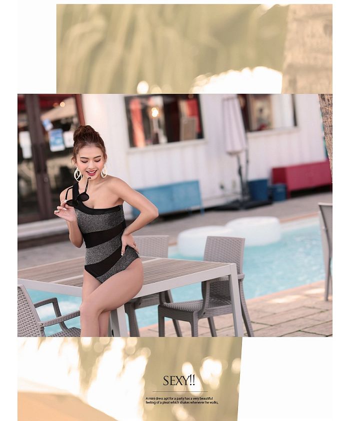 Rew-You One-Shoulder Glitter Swimsuit Mesh Sparkling 【Non-Returnable Item】