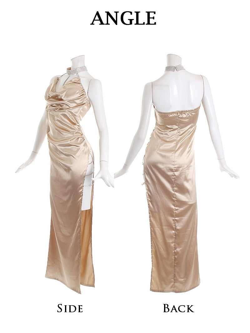 Ryu-Yu Rew-You Cabaret Dress Long Size L Long Length Tight Skin-Revealing Adult Halter Neck Satin Elegant Gorgeous Presentation Belsia