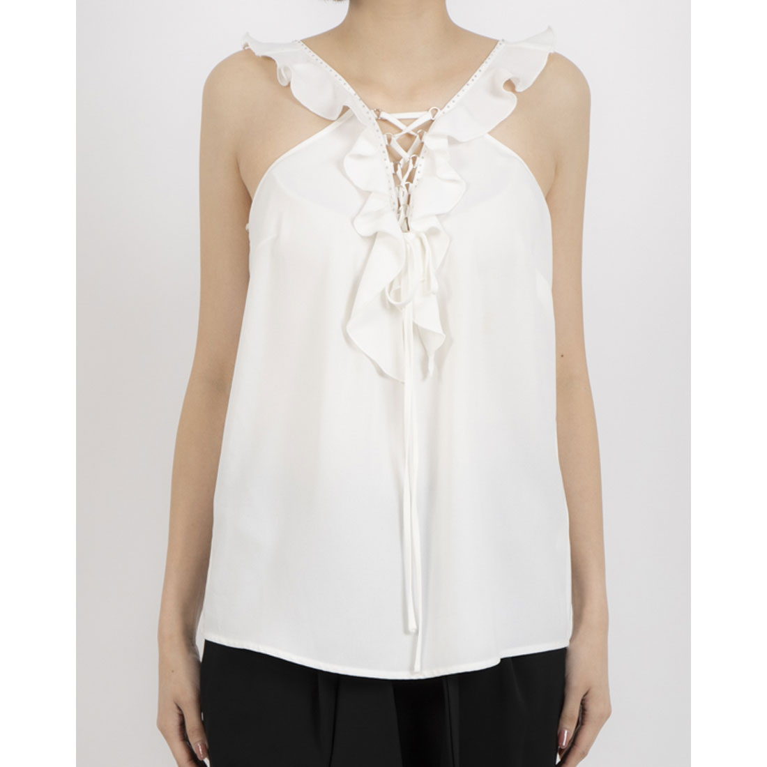 シルビアン ヒーチ SILVIAN HEACH レースアップラッフルフリルノースリブラウス （WHITE） WHITE