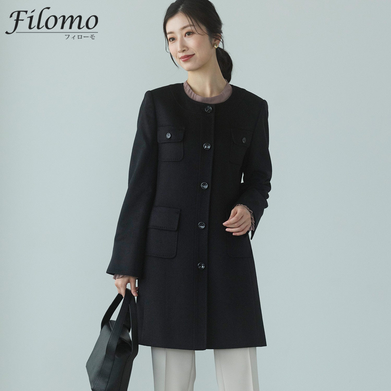 フィローモ Filomo [Filomo] カシミヤコート ノーカラー Aライン レディース （ブラック） ブラック