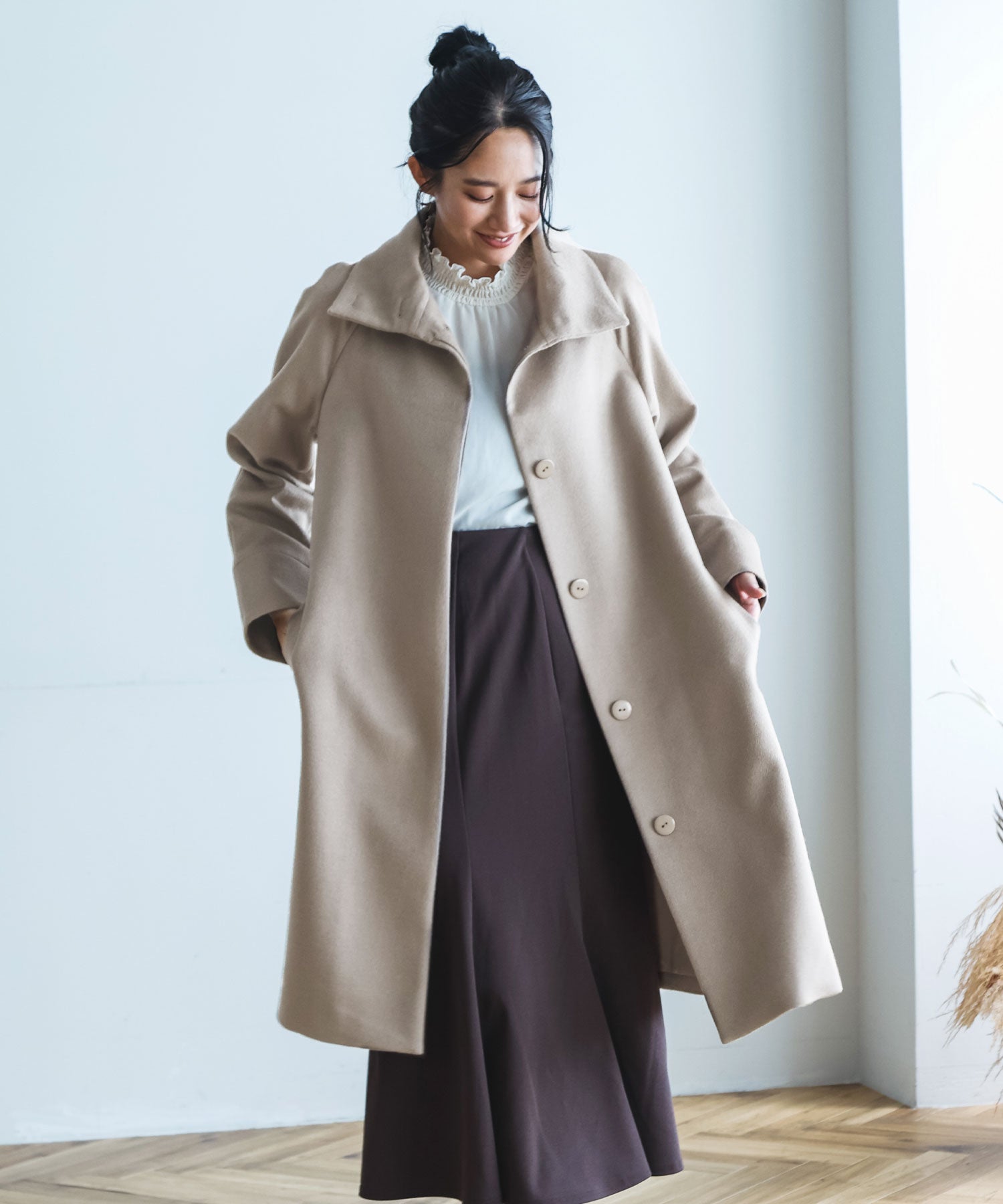 フィローモ Filomo [Filomo]スタンドカラーコートロングカシミヤ&ウール,モカベージュ