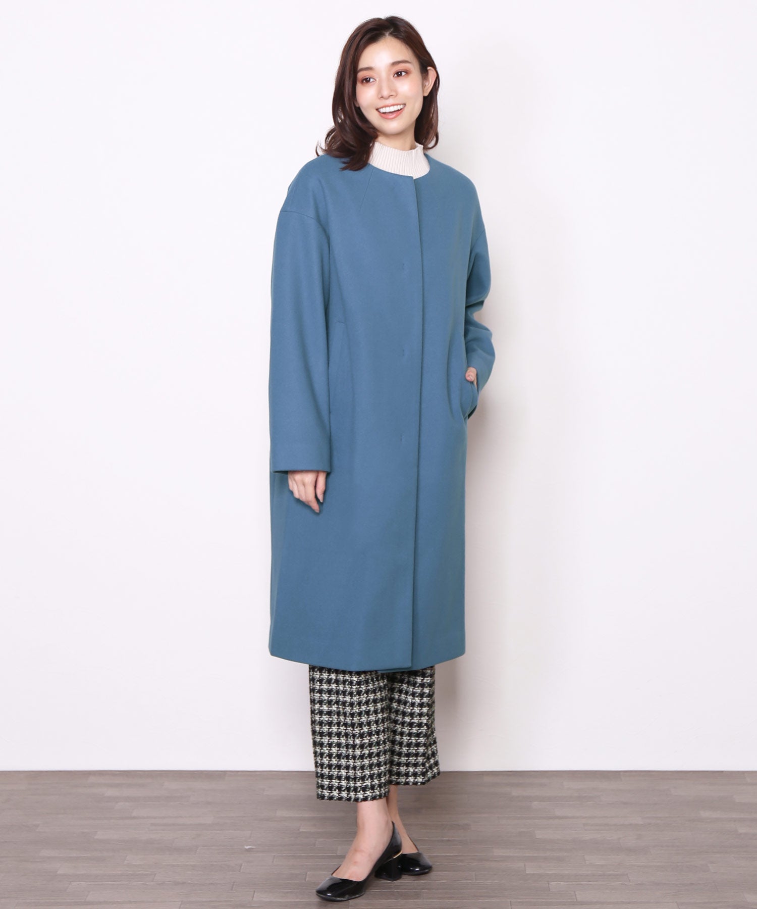 フィローモ Filomo [Filomo]ウールタッチノーカラーコートロング丈,ダークブルー