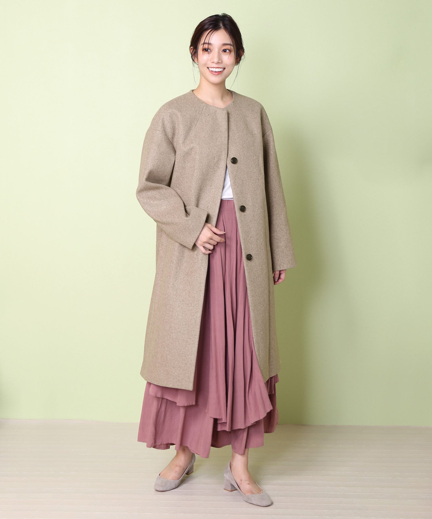 フィローモ Filomo [Filomo]ウールタッチノーカラーコートロング丈,モカ