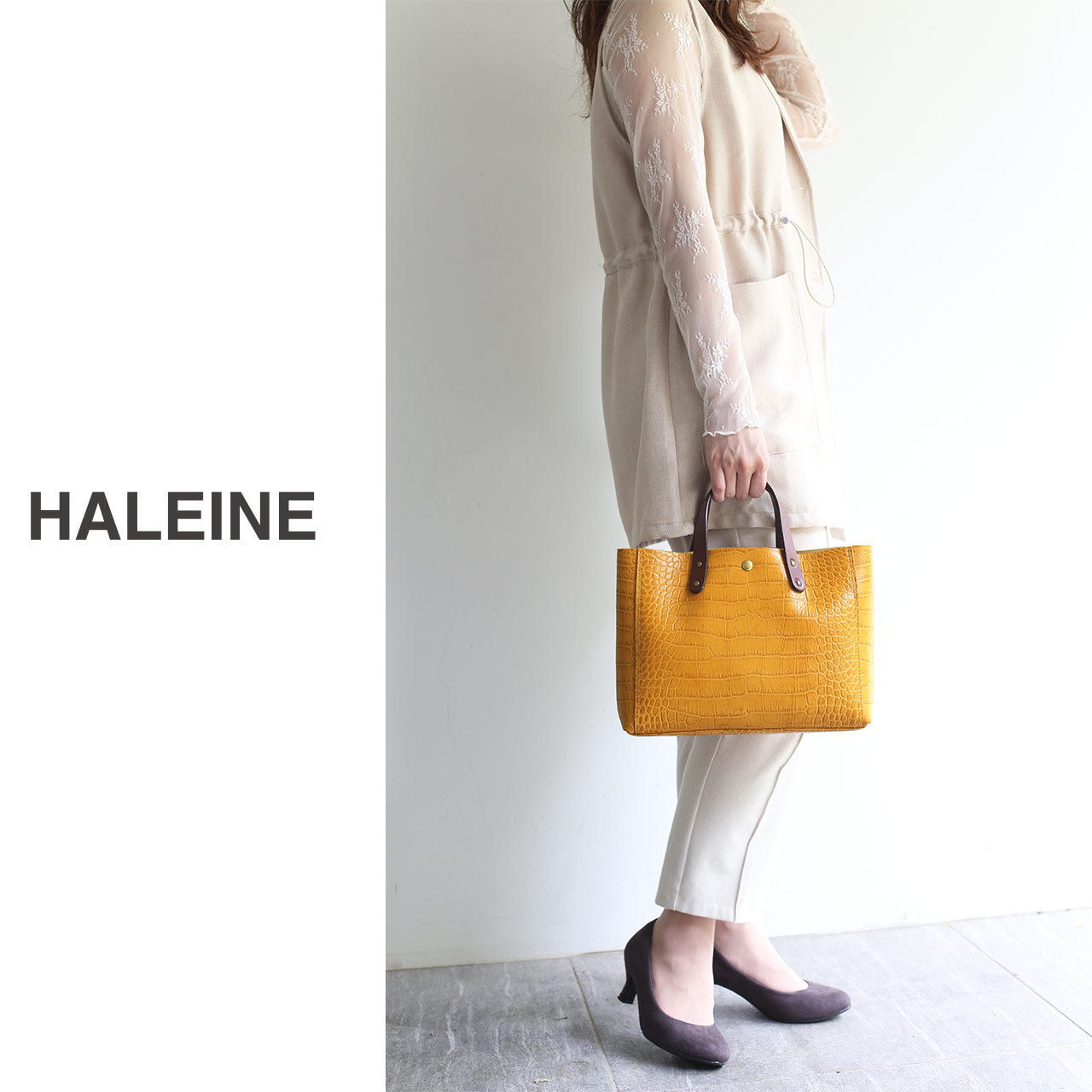 アレンヌ HALEINE [HALEINE]イタリアンクロコ型押しハンドバッグ日本製 （アンティークマスタード） アンティークマスタード