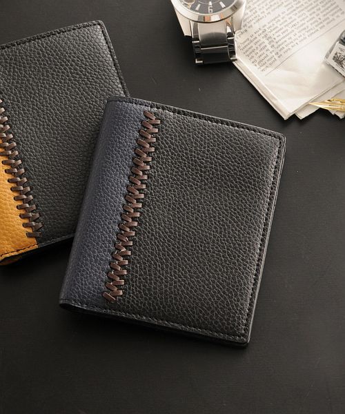ミアボルサ Mia Borsa [Mia Borsa] 牛革レザー コンパクト 二つ折り財布 メンズ （ブラック×ネイビー） ブラック×ネイビー