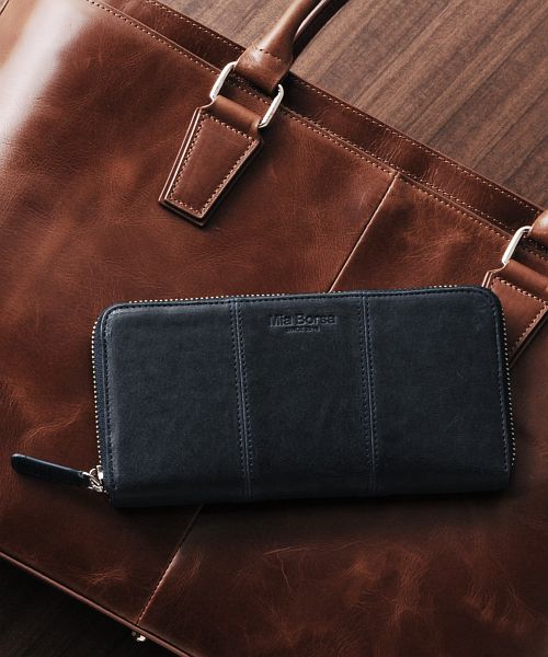ミアボルサ Mia Borsa [Mia Borsa] 本革レザー ラウンドファスナー 長財布 メンズ,ネイビー