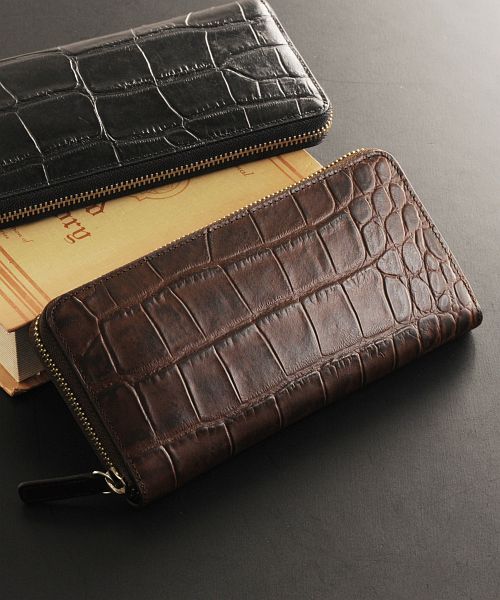 ミアボルサ Mia Borsa [Mia Borsa] 牛革レザー ラウンドファスナー 長財布 クロコダイル型押し メンズ,ダークブラウン