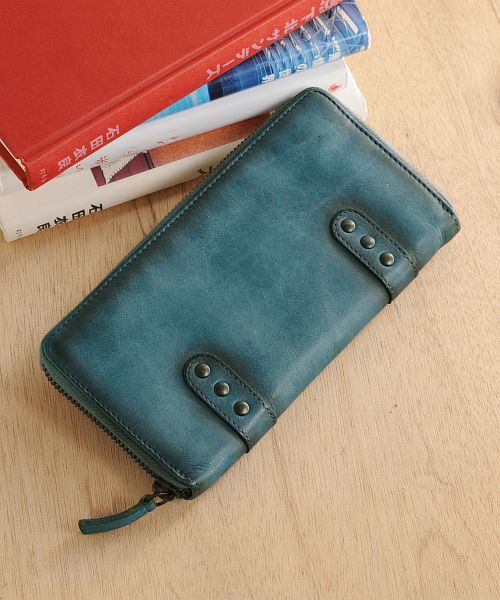 ミアボルサ Mia Borsa [Mia Borsa] 牛革レザーウォッシュ加工ラウンドファスナー長財布,ブルー