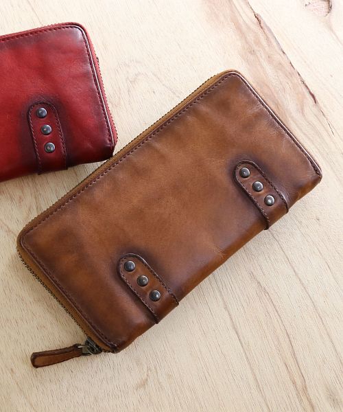 ミアボルサ Mia Borsa [Mia Borsa] 牛革レザーウォッシュ加工ラウンドファスナー長財布,キャメル