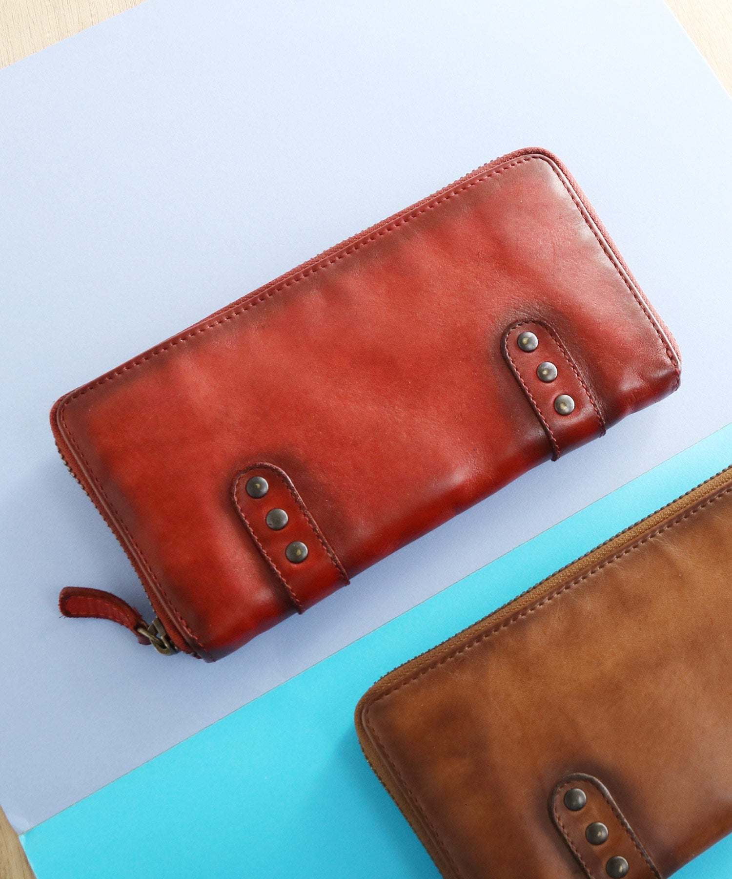 ミアボルサ Mia Borsa [Mia Borsa] 牛革レザーウォッシュ加工ラウンドファスナー長財布,レッド
