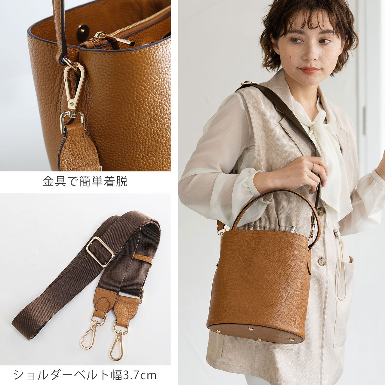 ミエノ mieno [mieno]本革レザーハンドバッグショルダーベルト付き （トープ） トープ