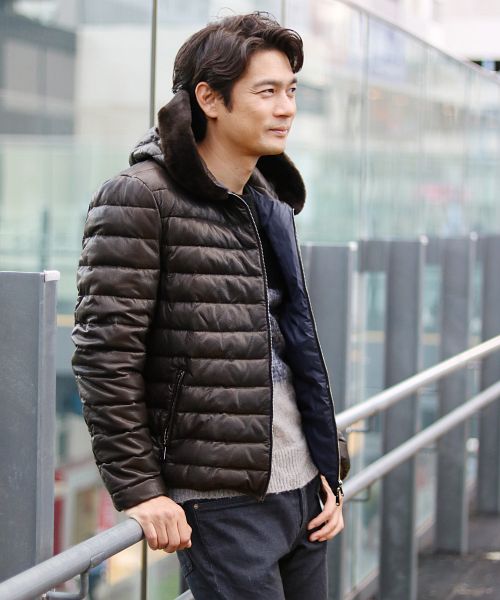 OLIVIERI [OLIVIERI] Lamb Leather Men's Down Jacket with Mouton Trim