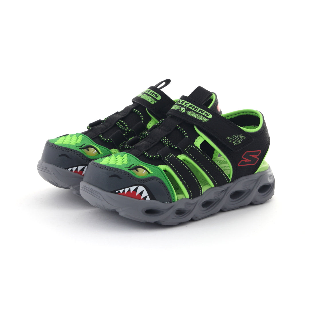 スケッチャーズ SKECHERS ジュニア キッズ 子供靴 男の子 サンダル Sライツ サーモフラッシュ ハイドロフレア 400613L 光る靴 恐竜 （ブラック/ライム） ブラック/ライム