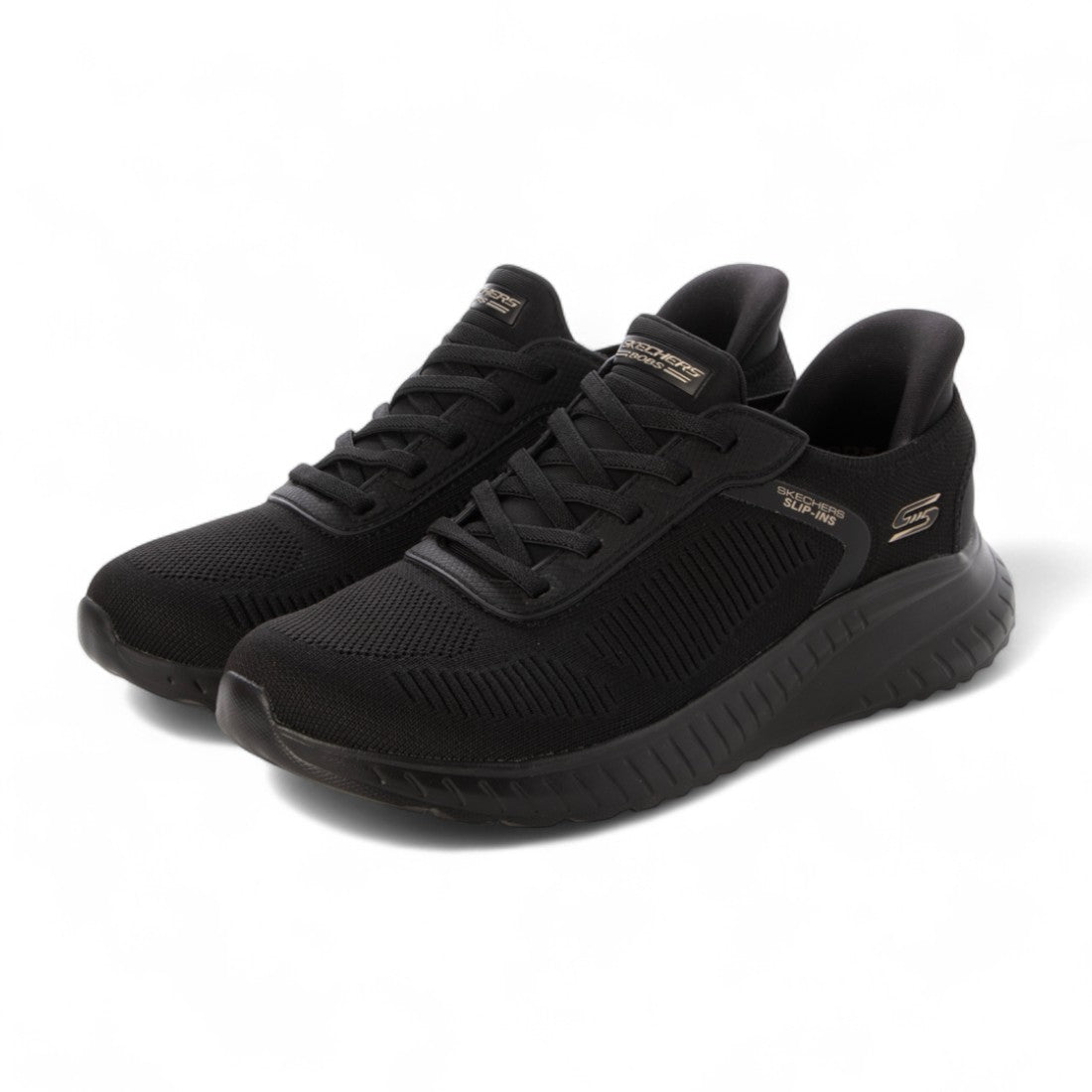 スケッチャーズ SKECHERS SLIP-INS:BOBS SPORT SQUAD CHAOS - CURRENT MUSE（スリップインズ：ボブス スクワッド カオス - カレント ミューズ）バンジーレーススニーカー 118312 （ブラック/ブラック） ブラック/ブラック