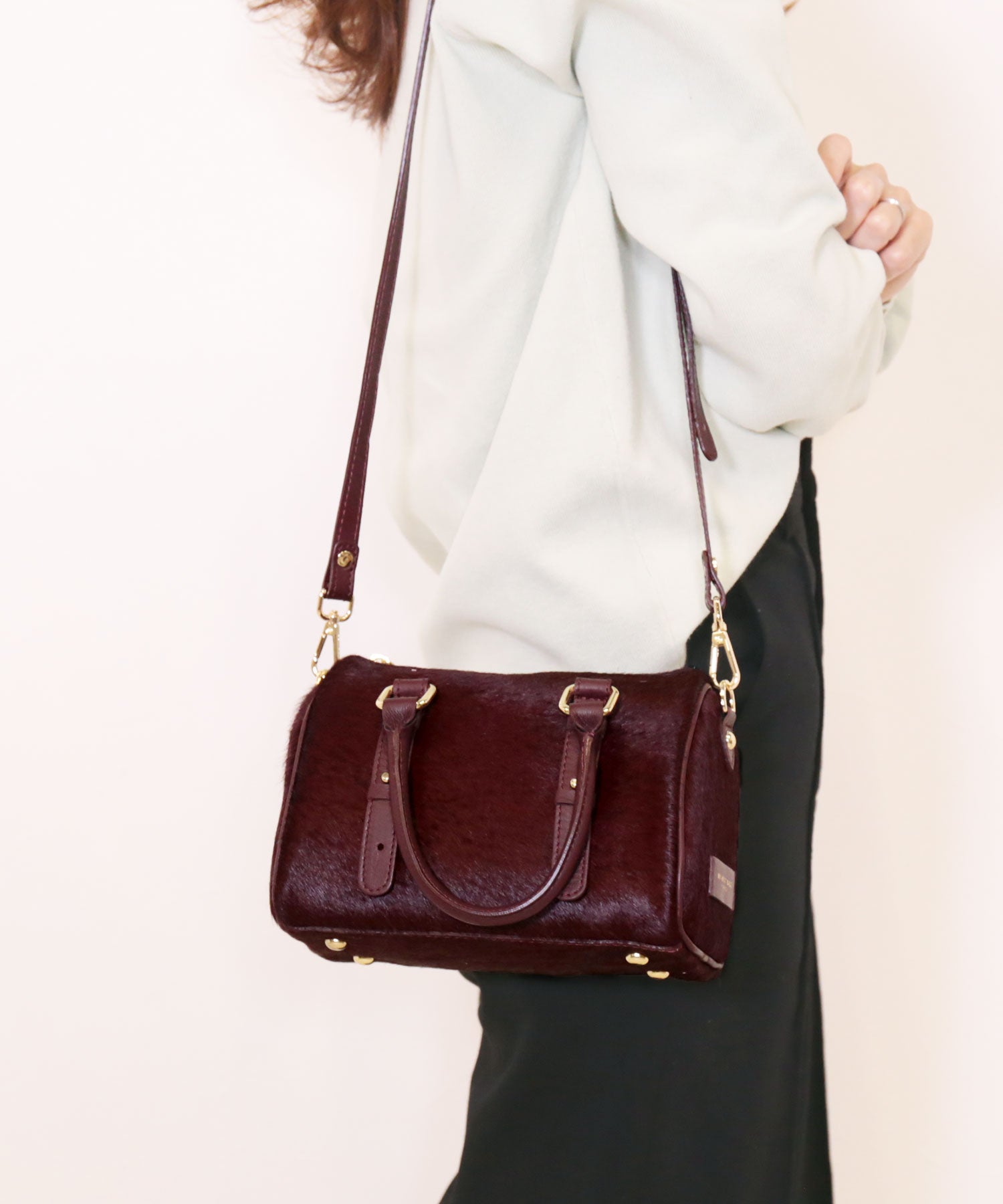 サンキョウショウカイ 三京商会 [MY BEST BAG]ホースヘア牛革ミニボストンショルダーバッグ,ボルドー