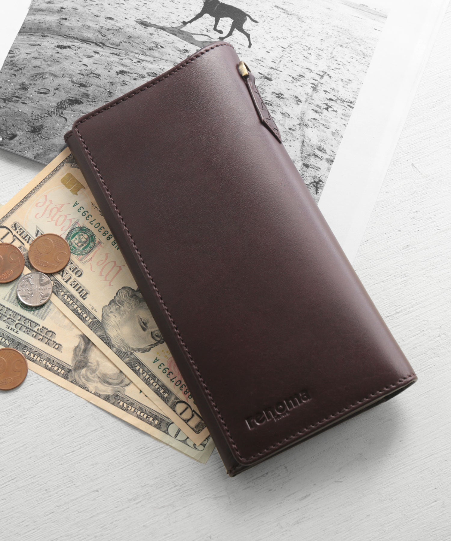 サンキョウショウカイ 三京商会 [renoma]牛革&ゴートレザーホック付き長財布,ダークブラウン